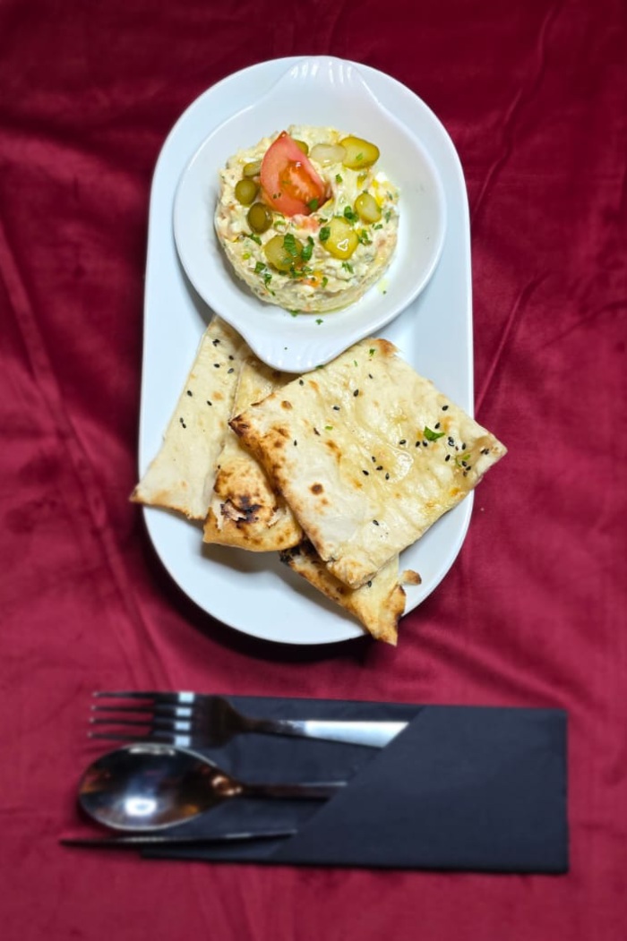 Ziba Restaurant’s Olivieh with flatbread in Dunfermline.
